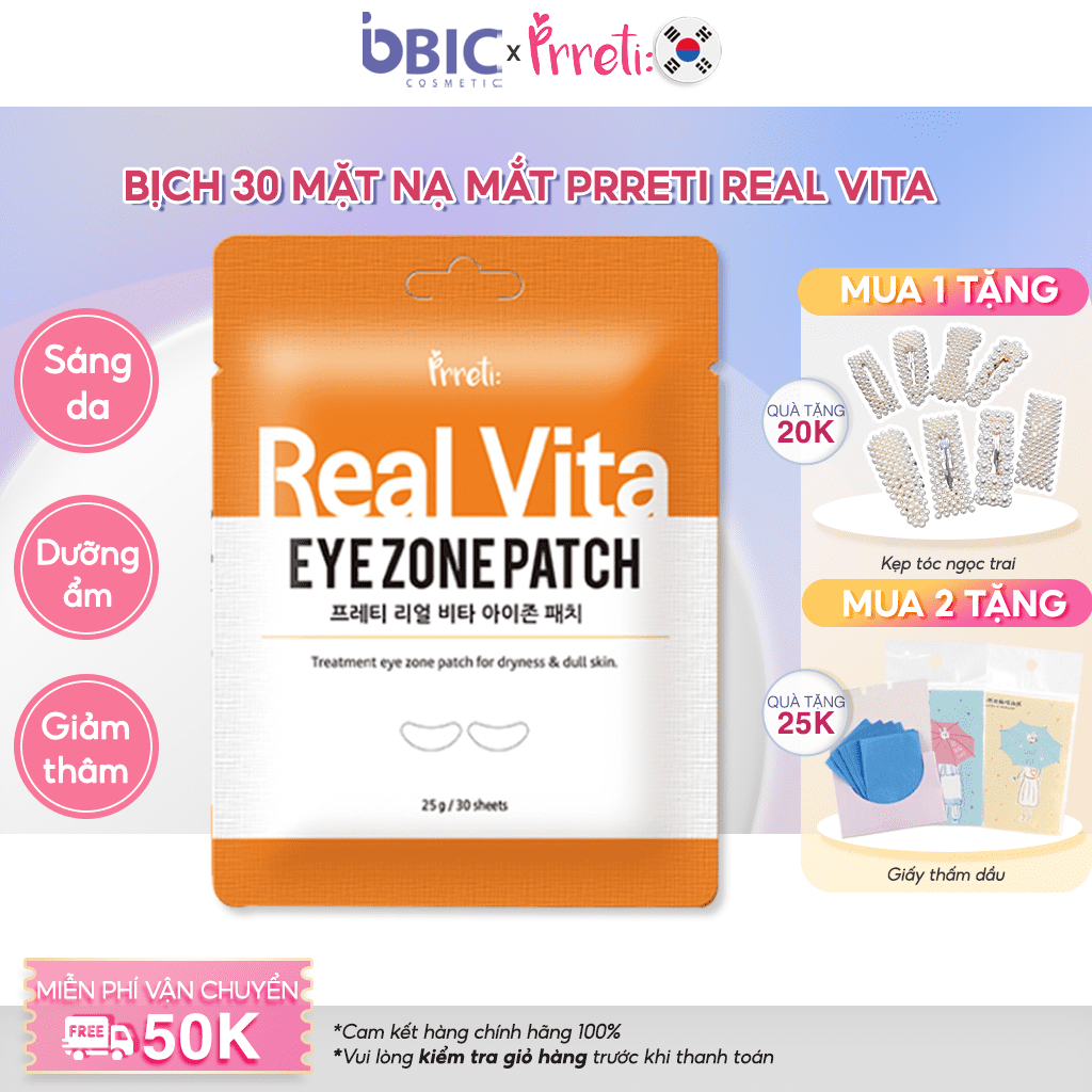 Mặt nạ mắt giảm thâm mắt PRRETI Real Vita Eye Zone Patch với 10 loại vitamin giúp bổ sung dưỡng chất cho vùng da quanh mắt làm sáng da, căng tràn sức sống BIC Cosmetic