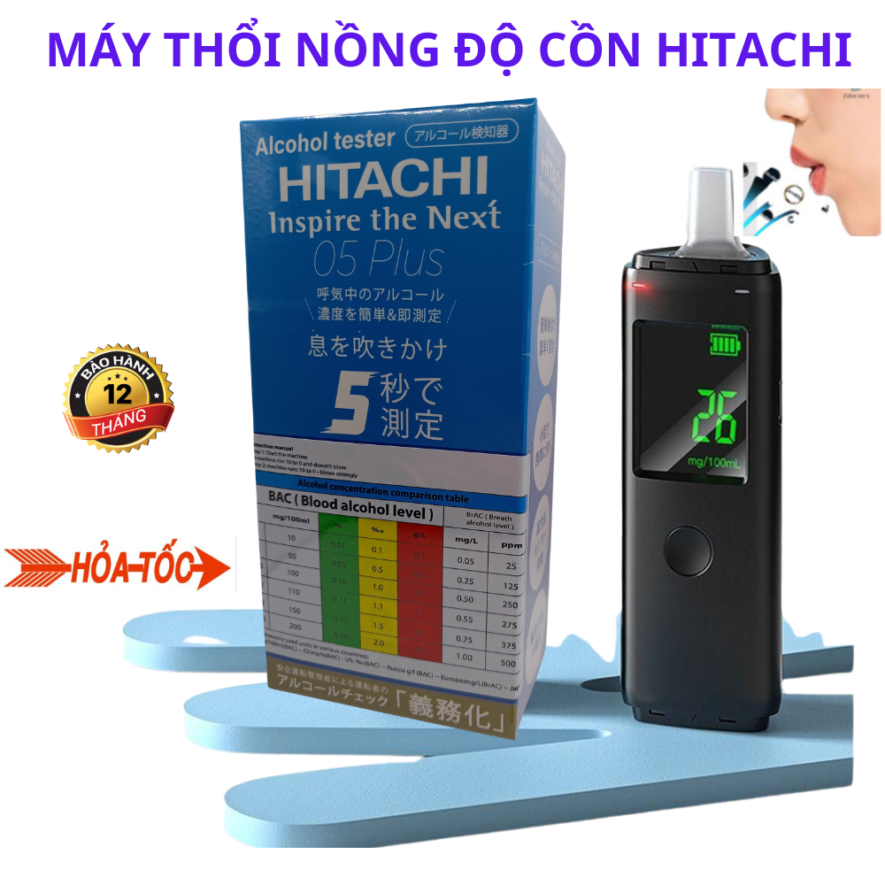 Máy thổi nồng độ cồn Nhật Bản Máy đo nồng độ cồn Hitachi đạt chuẩn 99 ROHS tặng kèm 5 đầu thổi bảo hành 12 THÁNG