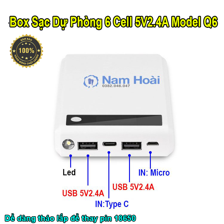[HCM]Box sạc dự phòng 6 cell (5V2A)- Màu sắc tự chọn - Dể dàng tháo để thay pin