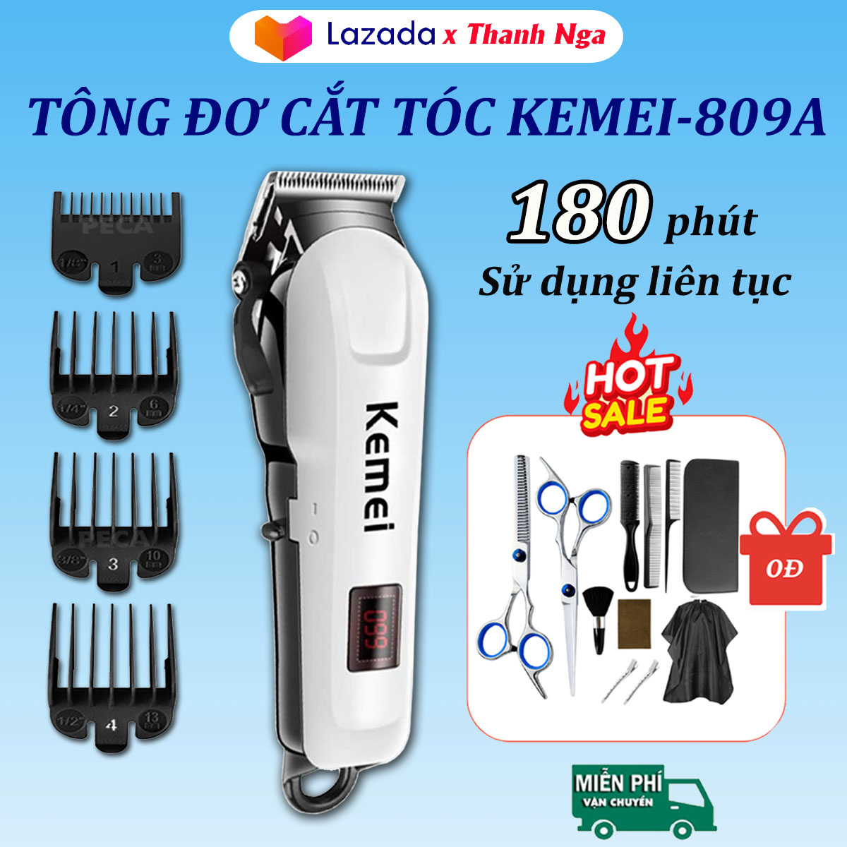 (BẢO HÀNH 5 NĂM)Tông đơ, tăng đơ cắt tóc Kemei KM-809A, máy hớt tóc nam chuyên nghiệp, pin trâu, lưỡi dao sắc bén