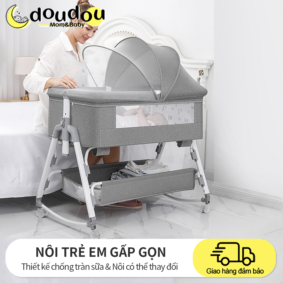 Nôi cho bé ghép cạnh giường bố mẹ tăng chỉnh được chiều cao Nôi trẻ em gấp gọn tặng nệm giường cho bé