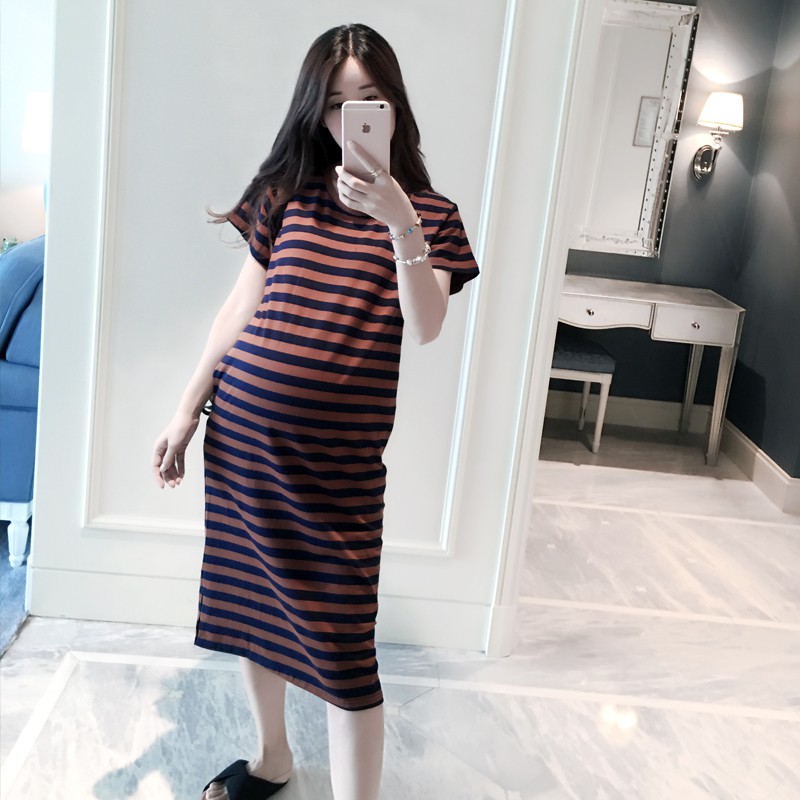 [BIGSIZE 85KG ]VÁY ĐẦM BẦU THIẾT KẾ DỰ TIỆC CÔNG SỞ MÙA HÈ KẺ NÂU NĂNG ĐỘNG TRẺ TRUNG CHẤT COTTON THOÁNG MÁT