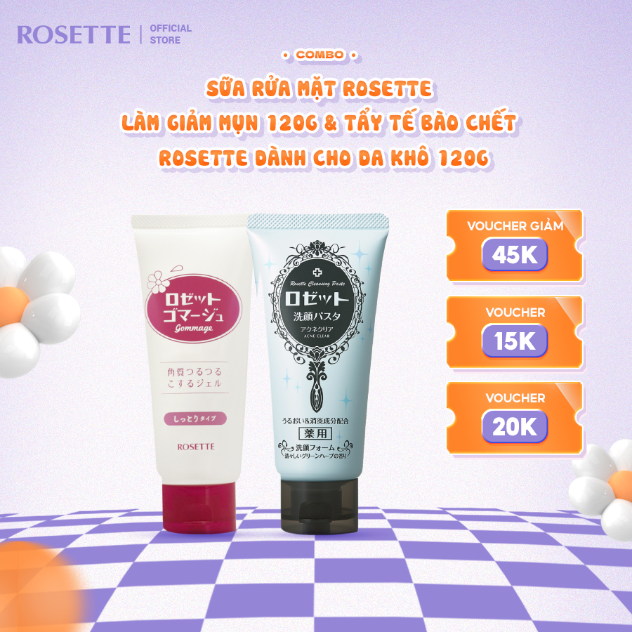 Combo Tẩy Tế Bào Chết Dành Cho Da Khô  Rosette Gommage Moist 120g Và Sữa Rửa Mặt Giảm Mụn Rosette Acne Clear 120g