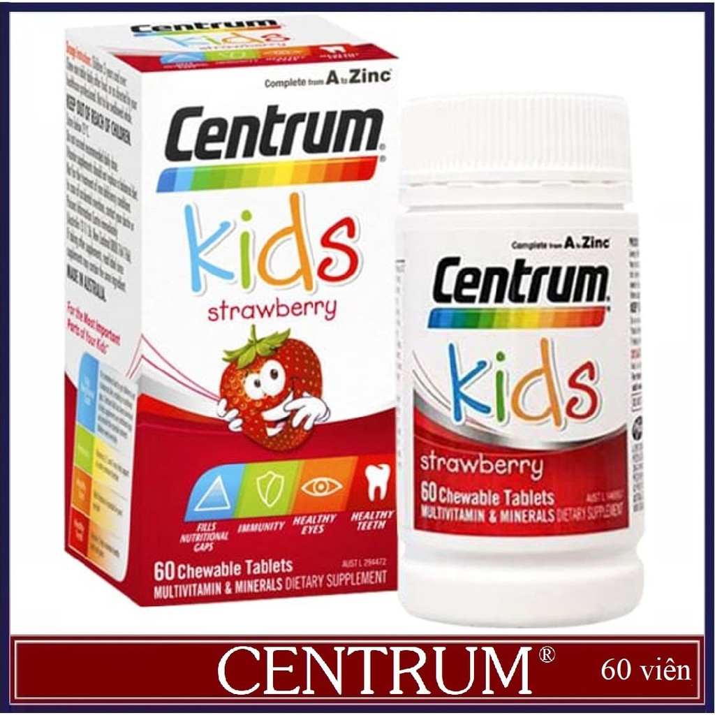 Vitamin tổng hợp cho trẻ em Centrum Kids Strawberry 60 viên giúp bổ sung đầy đủ các vitamin và khoáng chất cho bé - Hàng chính hãng - Đánh giá 5 sao - chất lương cao