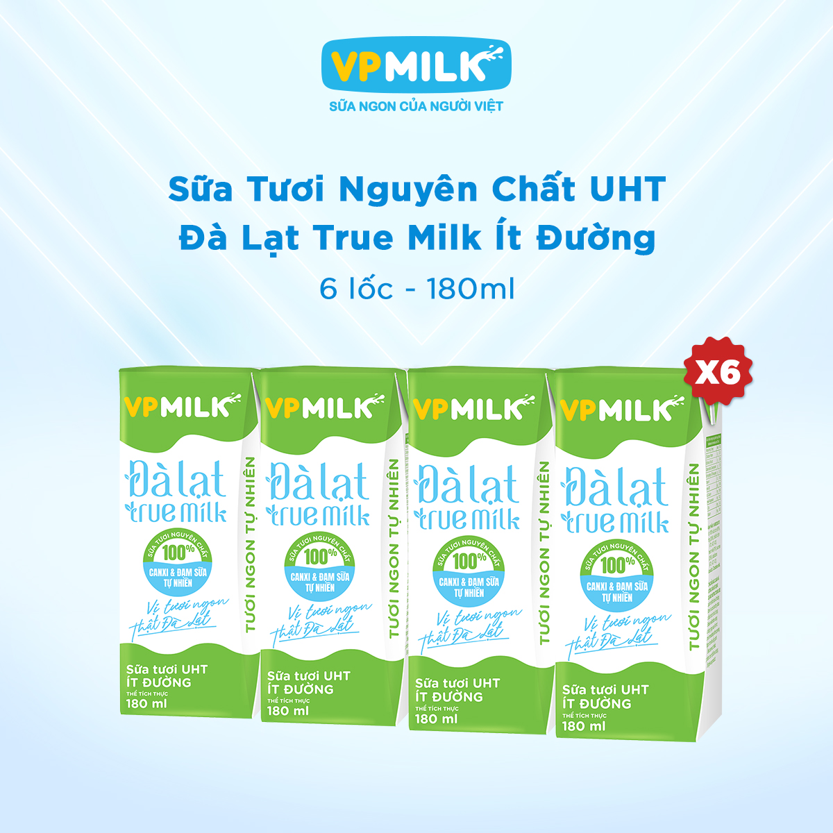 [6 lốc 180ml] Sữa Tươi Nguyên Chất UHT Đà Lạt True Milk Ít Đường VPMilk