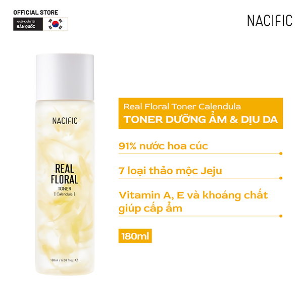 Nước hoa hồng Nacific  Real Floral Toner Calendula 180ml Calendula - Hỗ trợ làm dịu da, cấp ẩm, tái tạo da dành cho mọi loại da, & da nhạy cảm