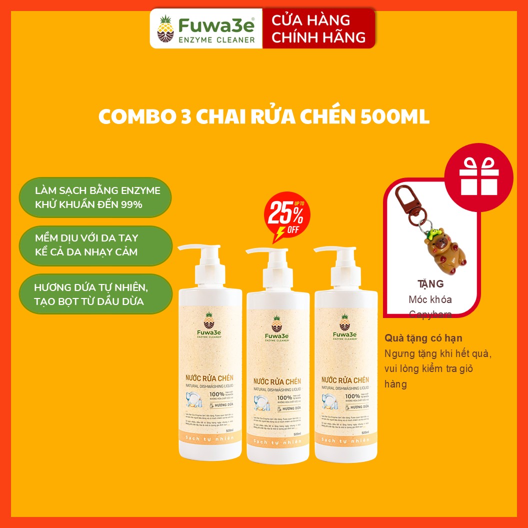 Combo 3 chai Nước rửa chén hữu cơ Fuwa3e 500ml enzyme sinh học từ dứa – rửa chén ăn dặm, bình sữa