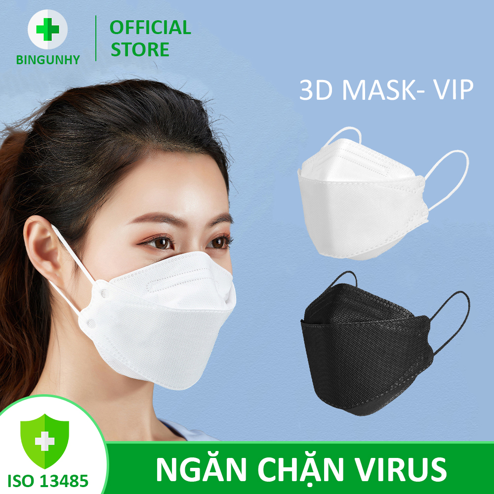 Khẩu trang y tế 3d mask 4 lớp  BINGUNHY túi 6 cái, kháng bụi mịn lên đến 95% gồm 2 màu đen trắng dành cho người lớn từ 45-85 kg  có thể tái sử dụng 2-3 lần.