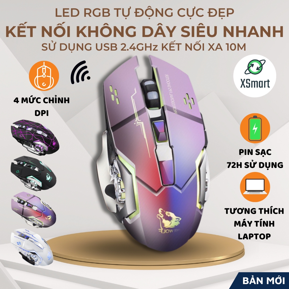 Chuột Không Dây Chuyên GAME Wolf X8 Wireless 2.4GHz SIÊU NGẦU Tự Động Đổi Màu Sắc Dùng Cho Máy Tính Laptop PC Tivi Pin Sạc Dùng Siêu Lâu Chỉnh Được DPI