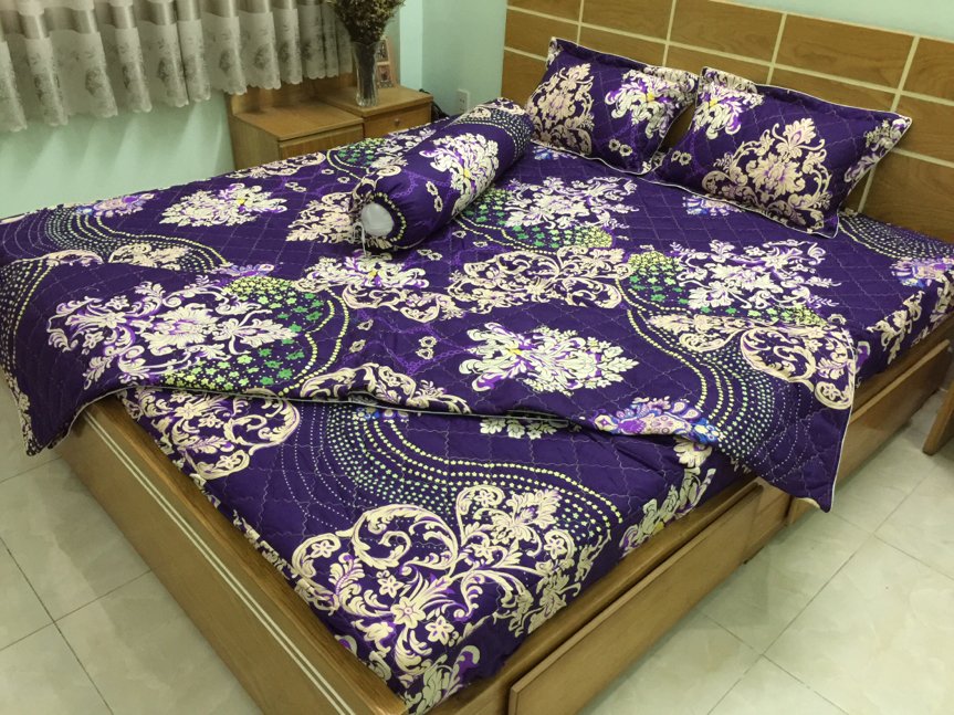 Bộ chăn ga gối 5 món Cotton Poly chần gòn 3 lớp 1M6/1M8dùng cho nệm cao 20cm