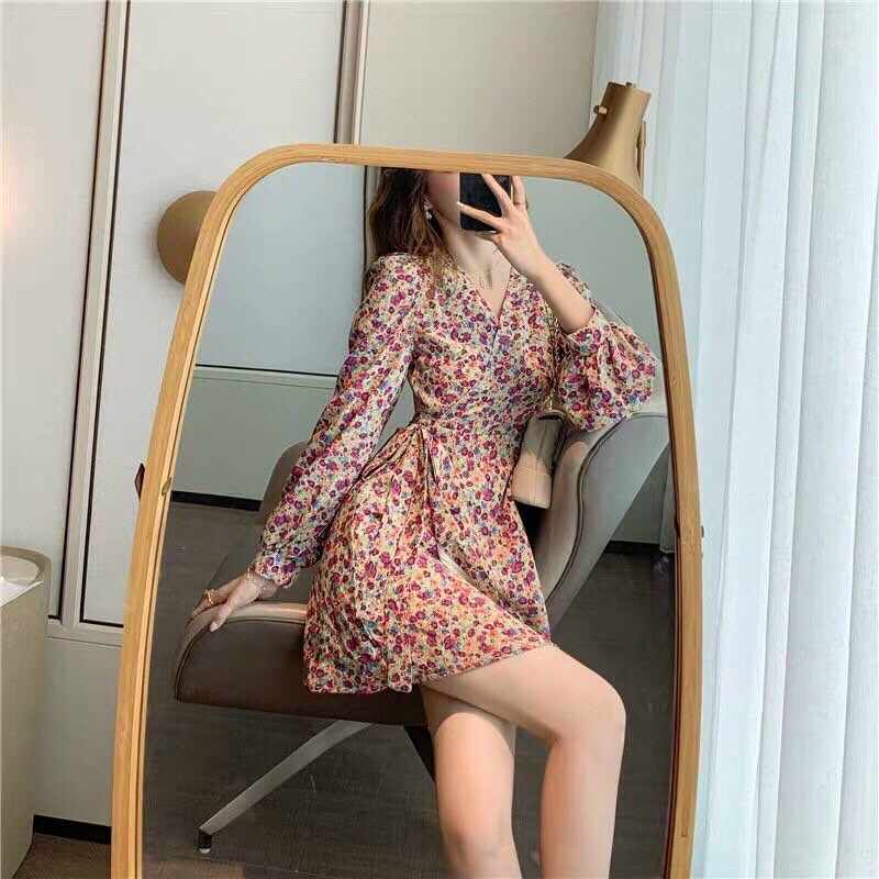 Đầm Hoa tay dài cổ chữ V đắp chéo cột eo Nhật bản