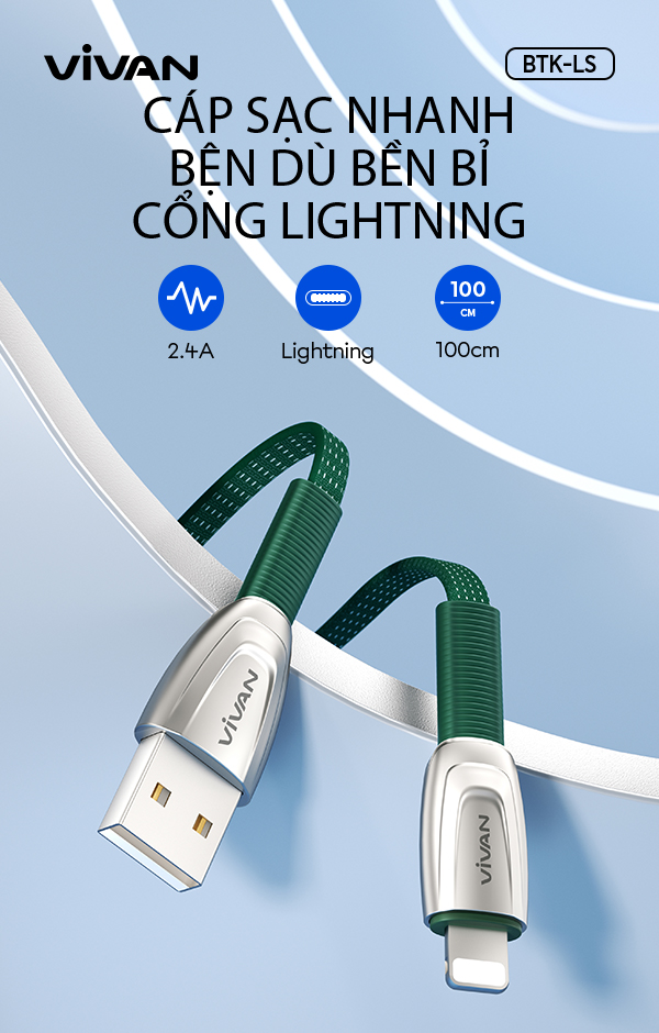 Cáp sạc nhanh lightning bện dù vivan btk-ls màu xanh lá