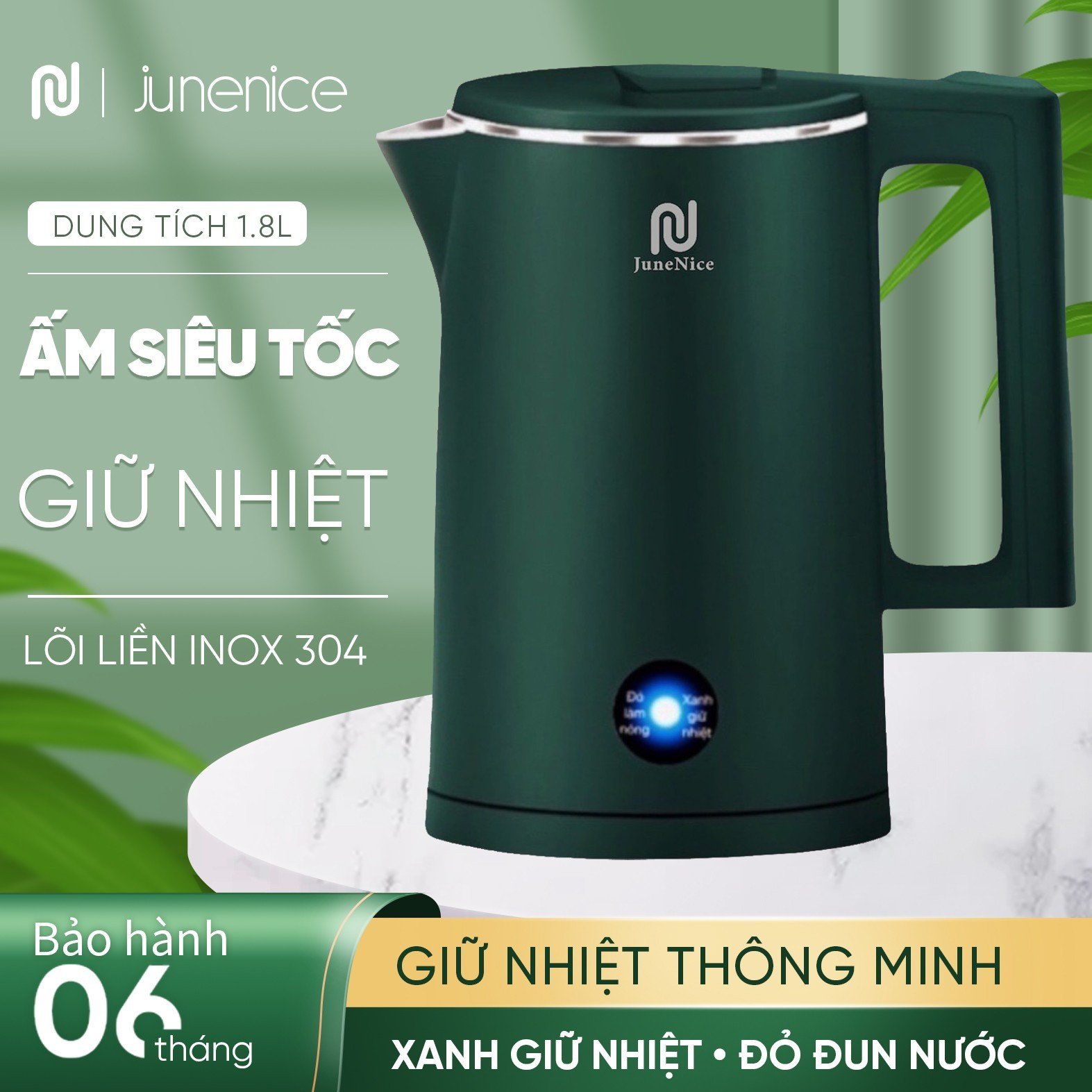 Bình đun nước siêu tốc ấm siêu tốc 1.8 lít giữ nhiệt và đun ruột bằng thép không gỉ Inox304 của JN June Nice