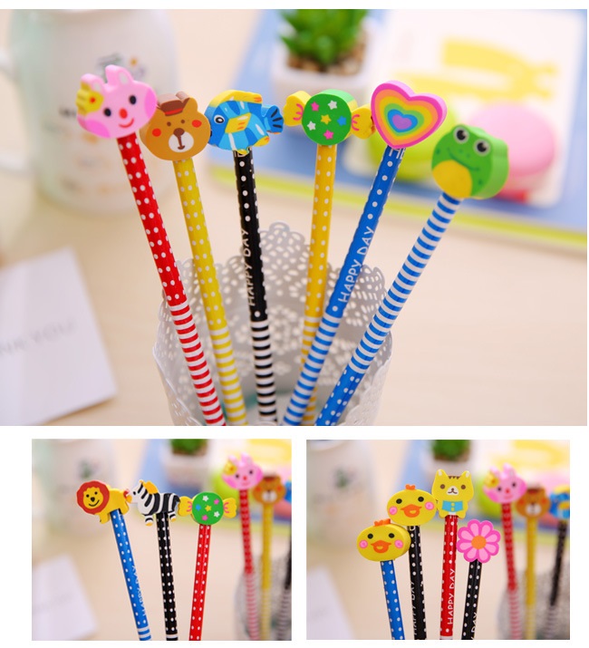 [HCM]Combo 3 Bút chì kèm tẩy Hoạt hình dễ thương dụng cụ học tập dành cho bé