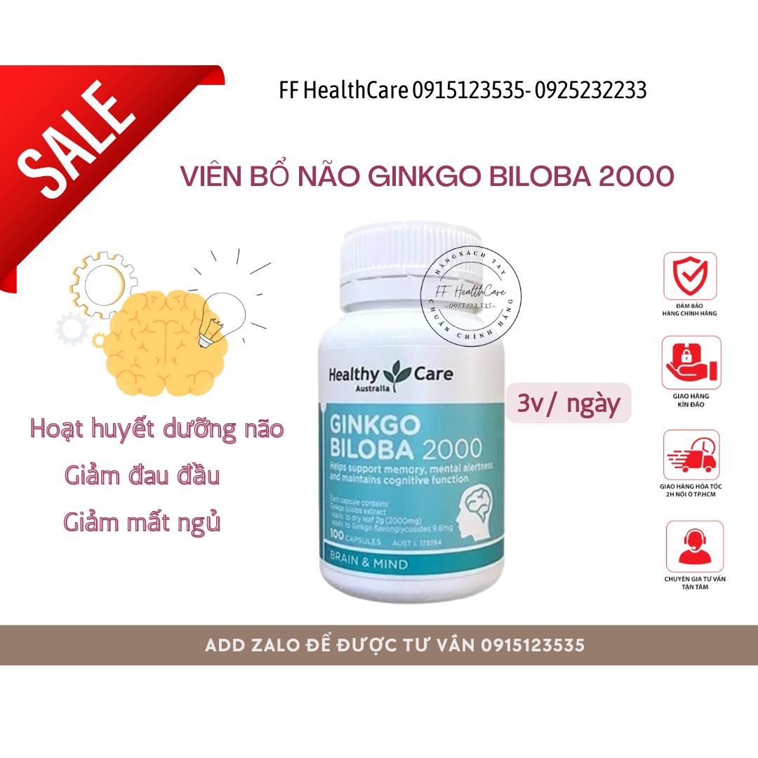 Viên bổ não healthy care ginkgo biloba 2000mg 100 viên úc