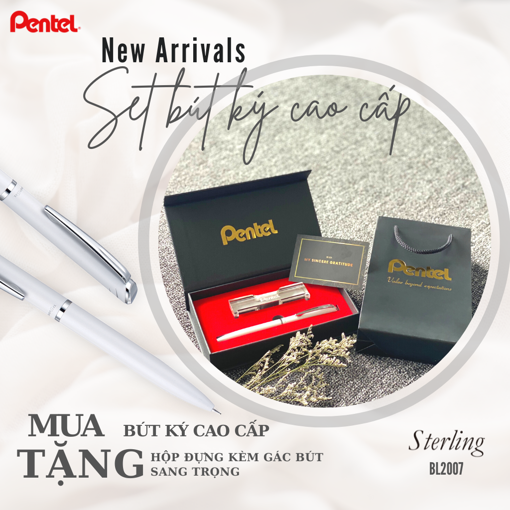 Set bút ký cao cấp pentel bl2007 ngòi 0.7mm mực xanh mới có gác bút sang trọng | thiết kế bút nắp vặn thanh lịch |