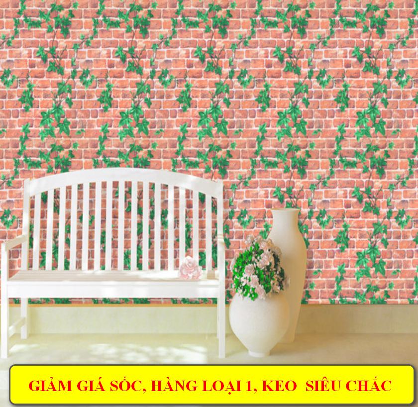 CUỘN giấy dán tường 10m giá rẻ GẠCH NÂU LÁ XANH KHỔ 45CM KEO SẴN