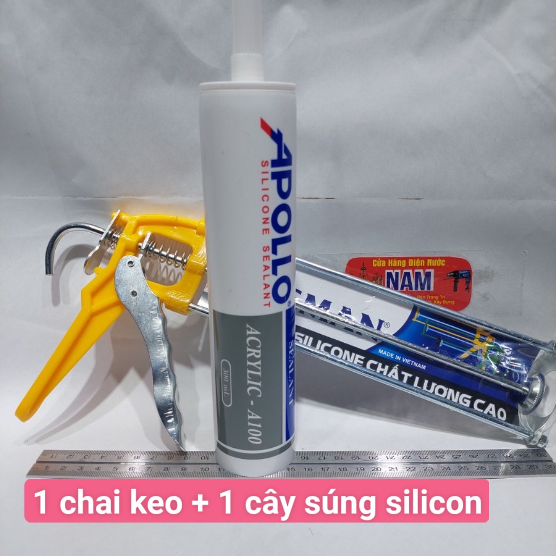 KEO SILICON APOLLO Acrylic Sealant A100 màu trắng sữa, hoặc cây súng bắn keo silicon, hoặc 1 chai ke