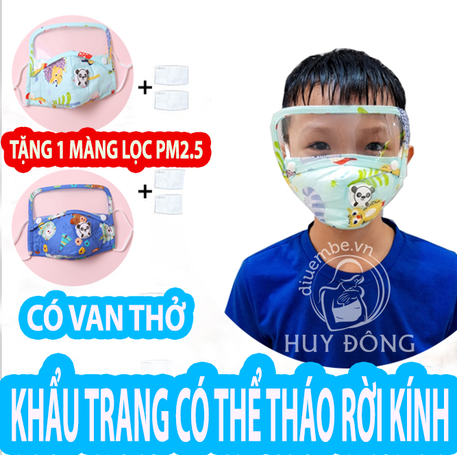 KHẨU TRANG VẢI CHỐNG BỤI MỊN PM2.5 - KÍNH BẢO VỆ MẮT CÓ THỂ THÁO RỜI - CÓ VAN THỞ- MÀNG LỌC 5 LỚP CHO BÉ