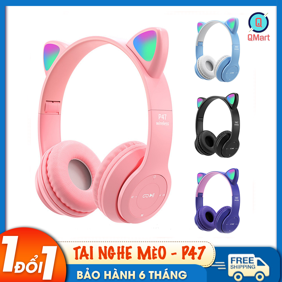 Tai nghe bluetooth chụp tai - Tai mèo dễ thương- P47 có khe cắm thẻ nhớ - Tai Nghe Có Mic - Âm Thanh Đỉnh Cao tại QMart