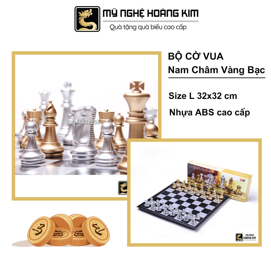 [FREESHIP] Bộ Cờ Vua Nam Châm Vàng Bạc HK24 Chất Liệu Nhựa Dẻo ABS, Nam Châm Lực Hút Mạnh, Chống Thấm Nước, Có Thể Gập Đôi Để Quân Cờ Bên Trong Thuận Tiện - Mỹ Nghệ Hoàng Kim