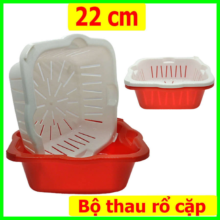 Thau Rổ cặp- Bộ Thau nhựa và Rổ nhựa vuông 22cm. Màu ngẫu nhiên