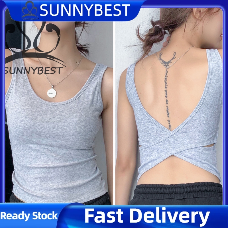 Sunnybest áo hai dây có đệm eo cao dáng ôm giản dị áo ba lỗ áo ba lỗ thể thao chéo hở lưng lưng cho nữ