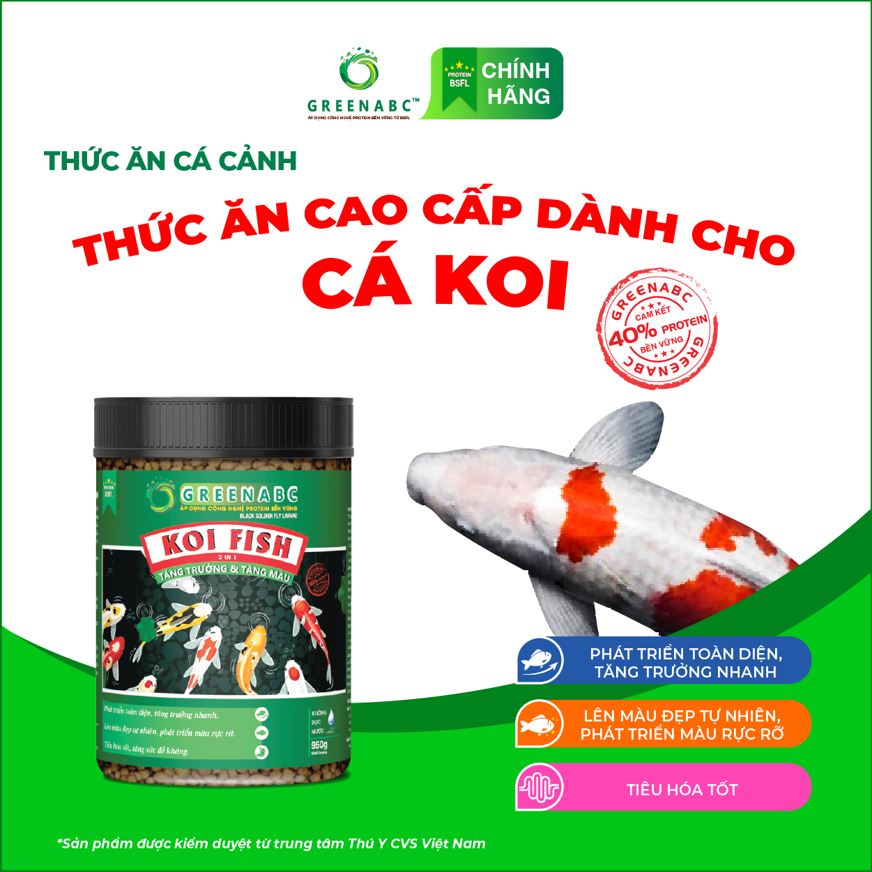 Thức ăn cá koi greenabc - koi fish – hàm lượng protein 40% giúp tăng size, tăng màu, tiêu hóa tốt, tăng đề kháng – hộp 950g