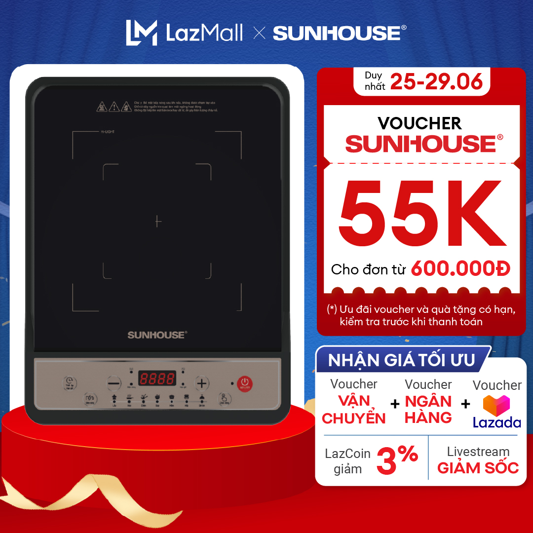 Bếp điện từ đơn SUNHOUSE SHD6157 - Làm nóng nhanh - Tiết kiệm điện - Bảo hành 12 tháng - Hàng chính hãng