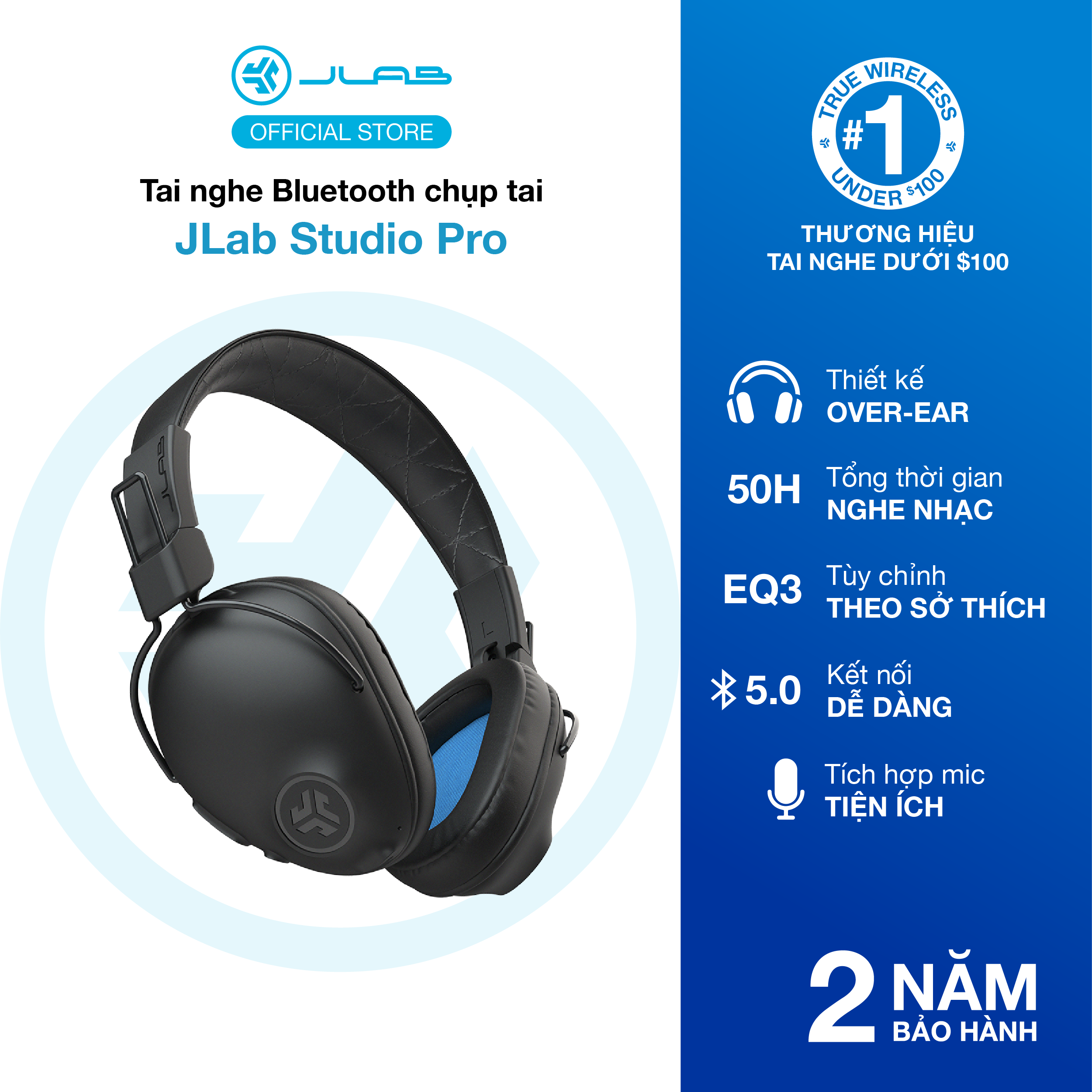 Tai nghe Bluetooth chụp tai TWS Jlab Studio Pro màu đen foam Over-ear thời gian nghe 50H bluetooth 5.0 âm thanh EQ3 - Bảo hành chính hãng 1 đổi 1 trong 2 năm