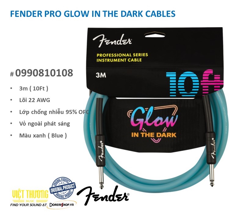 Cáp tín hiệu guitar phát sáng chính hãng fender pro glow in the dark cables