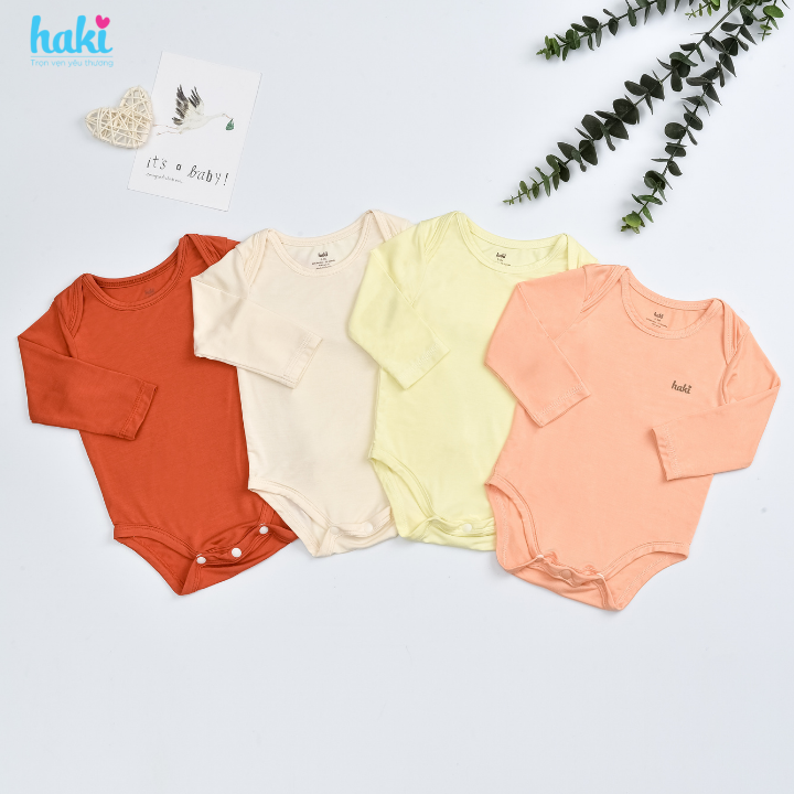 Body chip dài tay vai chồm vải sợi tre cao cấp HAKI (2,5-12kg); bodysuit cho bé trai bé gái; body cho bé sơ sinh chất liệu Bamboo siêu mềm mịn BB044