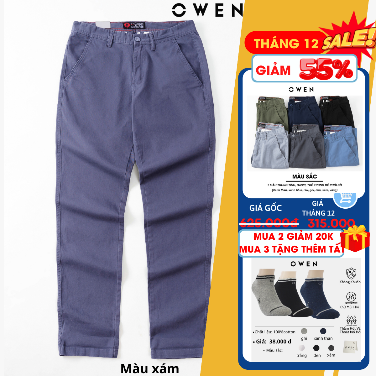 quần kaki nam cao cấp owen ống suông màu xám chất kaki cotton dày dặn co giãn form đứng dáng slimfit nhẹ trẻ trung năng động lịch sự