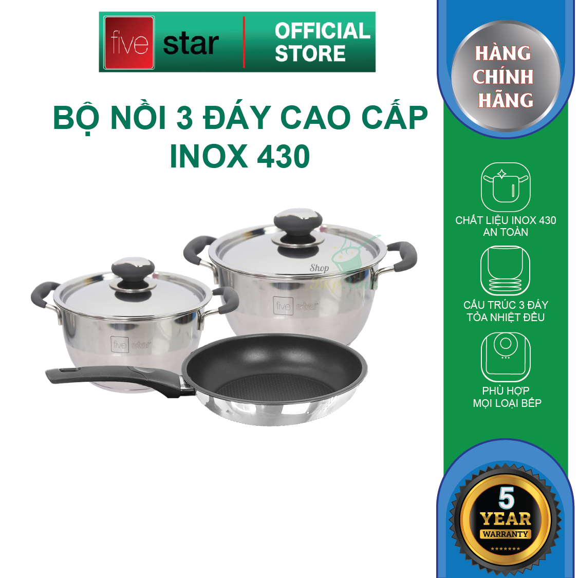 Bộ nồi chảo inox 430 Thân Cool Fivestar Standard 3 đáy từ chống nóng nắp inox , tặng 1 vá canh inox