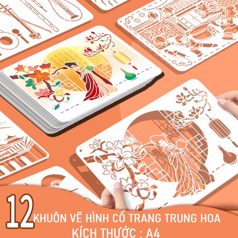 Bộ 9 khuôn vẽ tranh A4 cổ trang và phong cảnh Trung hoa 21 x 29.7cm