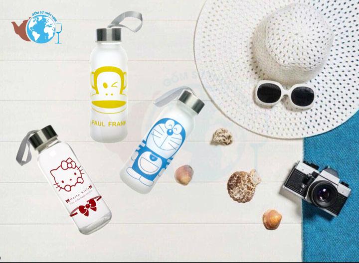 Bình đựng nước thủy tinh in mờ hình ngộ nghĩnh có dây xách 300ml