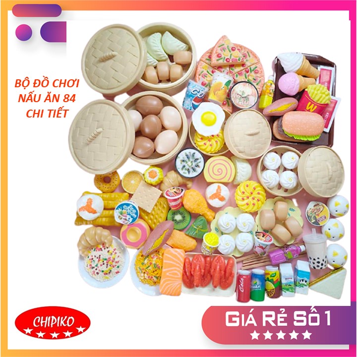 Bộ đồ chơi nấu ăn nhà bếp mẫu đồ chơi 84 chi tiết - set trò chơi nhà bếp nấu ăn 84 món bánh bao há cảo gà rán nhựa cao cấp cho bé