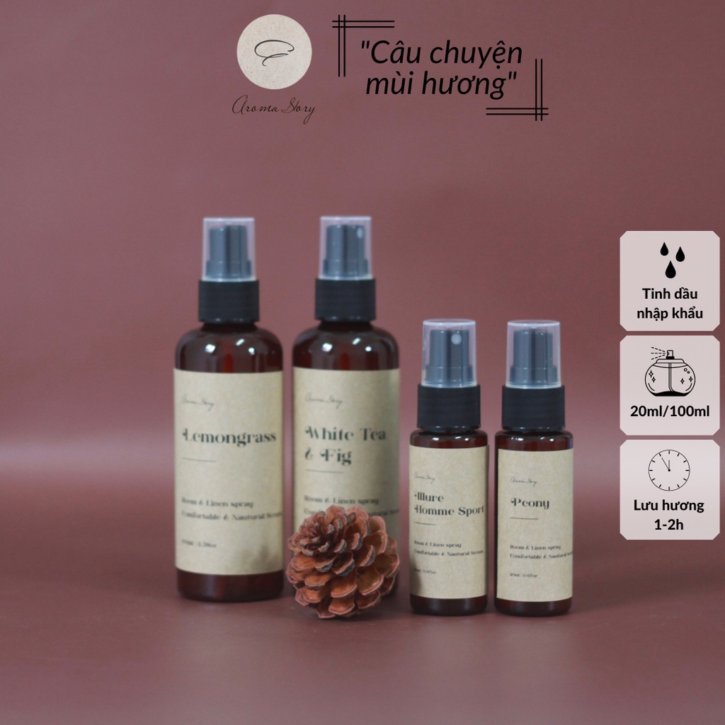 Tinh dầu xịt thơm, nước hoa xịt thơm phòng, quần áo aroma story nhiều hương size 20ml/100ml