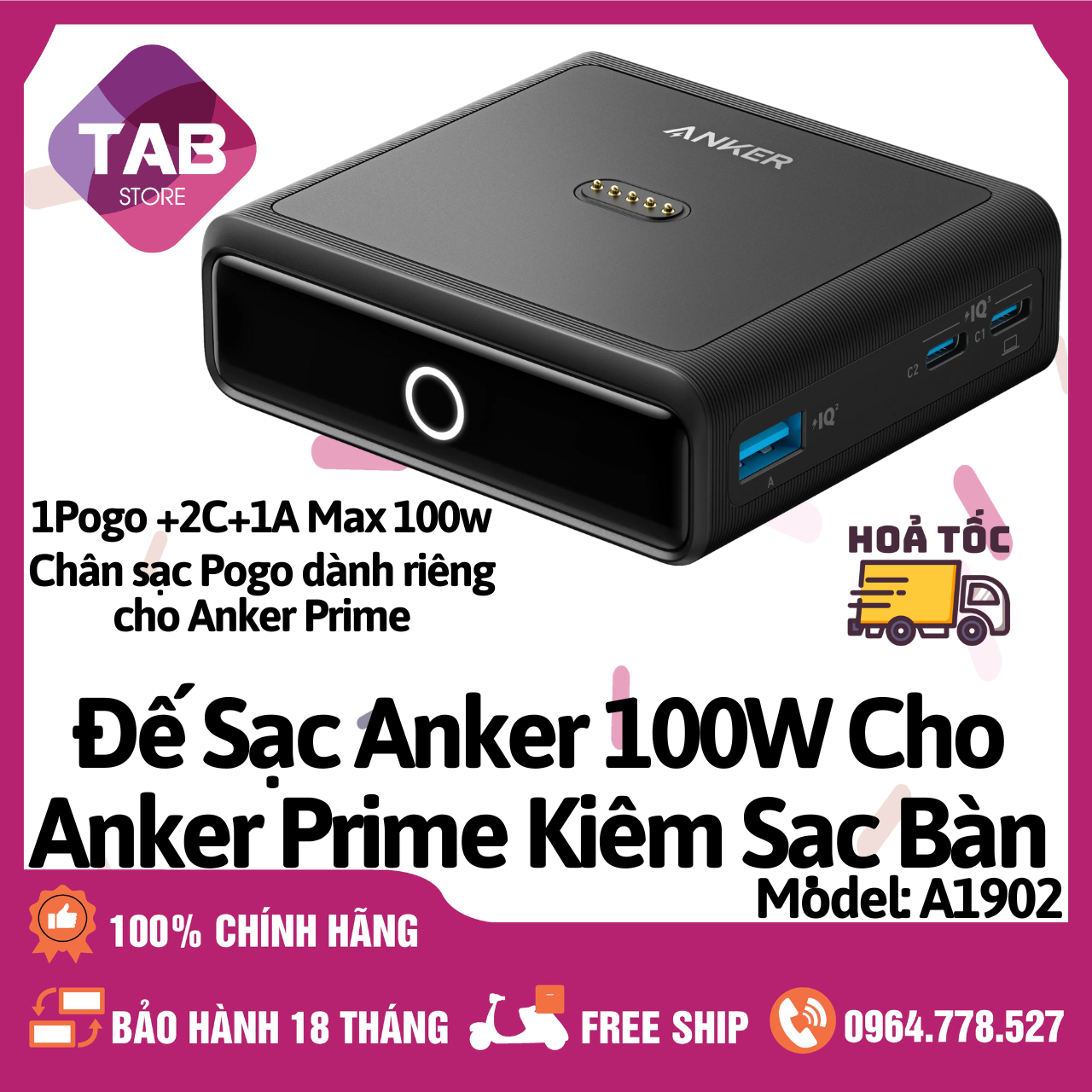 Đế sạc anker 100w cho anker prime kiêm sạc bàn 3 cổng 2c+1a - a1902