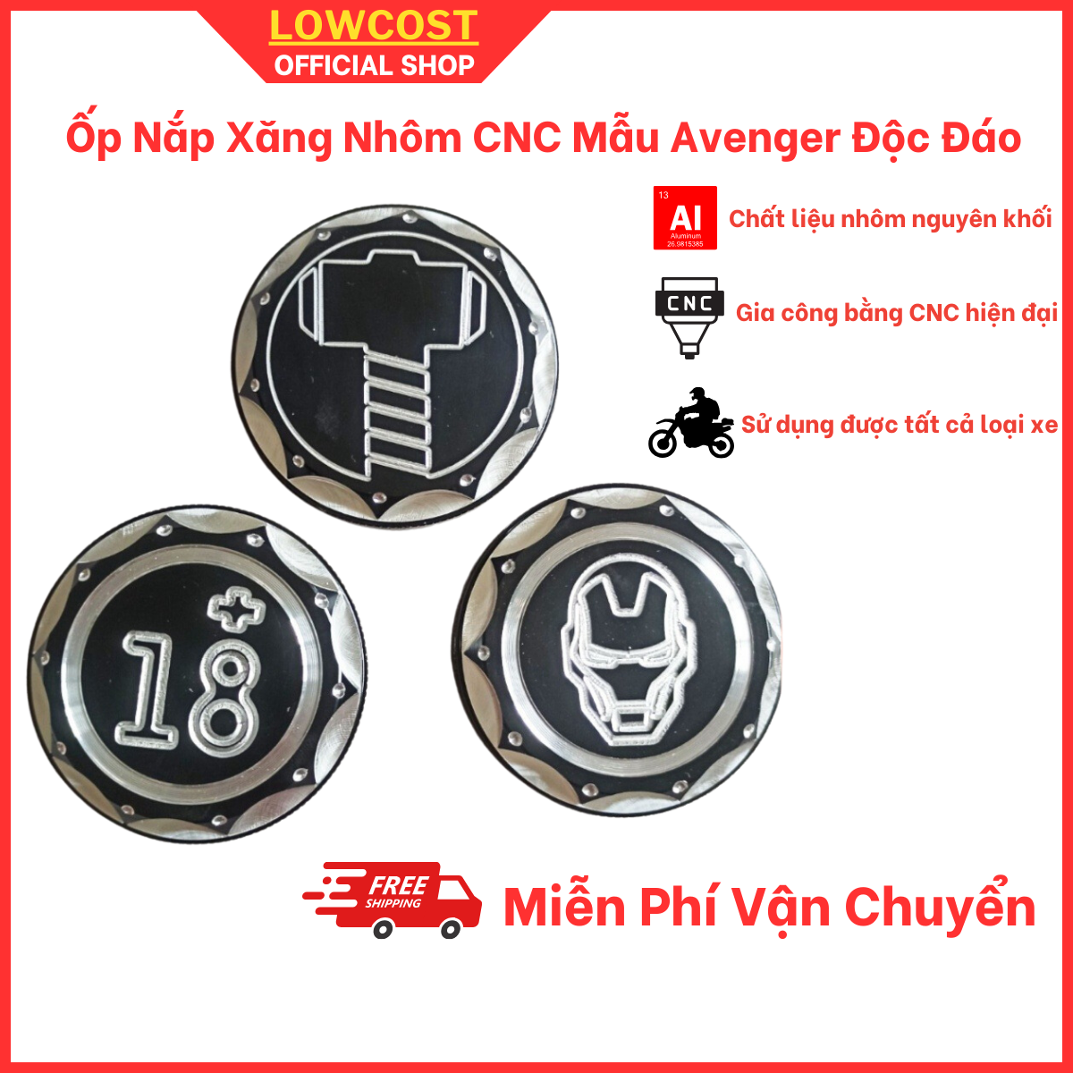 Ốp nắp bình xăng, chụp nắp bình xăng Avengers nhôm CNC cực nét
