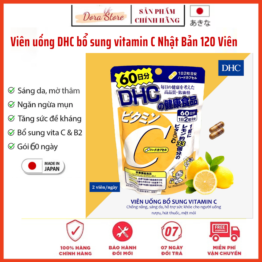 Viên uống vitamin C DHC Vitamin C Hard Capsule - Viên uống DHC bổ sung vitamin C Nhật Bản 120 Viên Dorastore tăng cường sức đề kháng, giúp sáng da mờ thâm và tăng sản sinh collagen