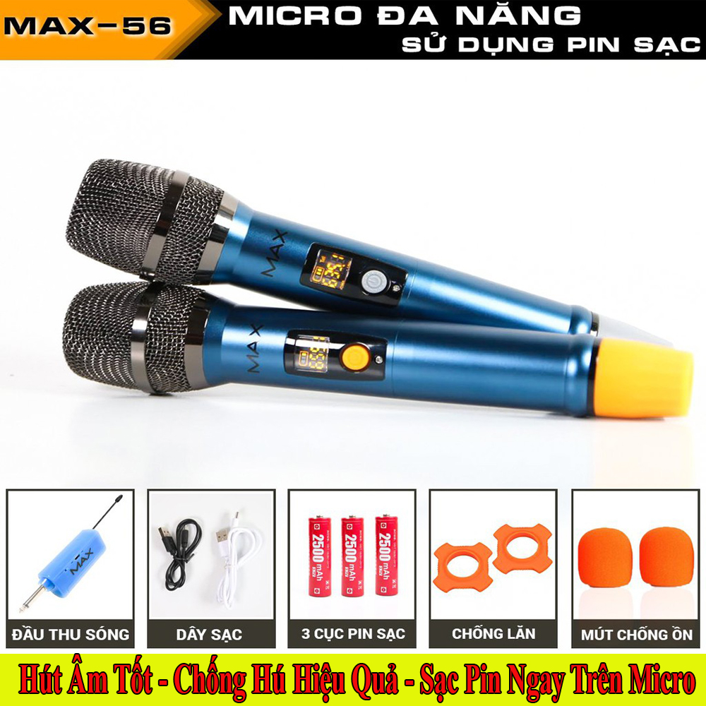 Bán Micro Không Dây Hàng Bãi, Giá Micro Không Dây Đa Năng Max 56 Micro Chống Hú Tốt Nhat Hiện Nay Sạc Pin Trên Micro - Pin dung lượng 2500 mAh sử dụng 8 tiếng liên tục Màn hình LCD hiển thị tần số Tương thích mọi thiết bị BH 12 THÁNG