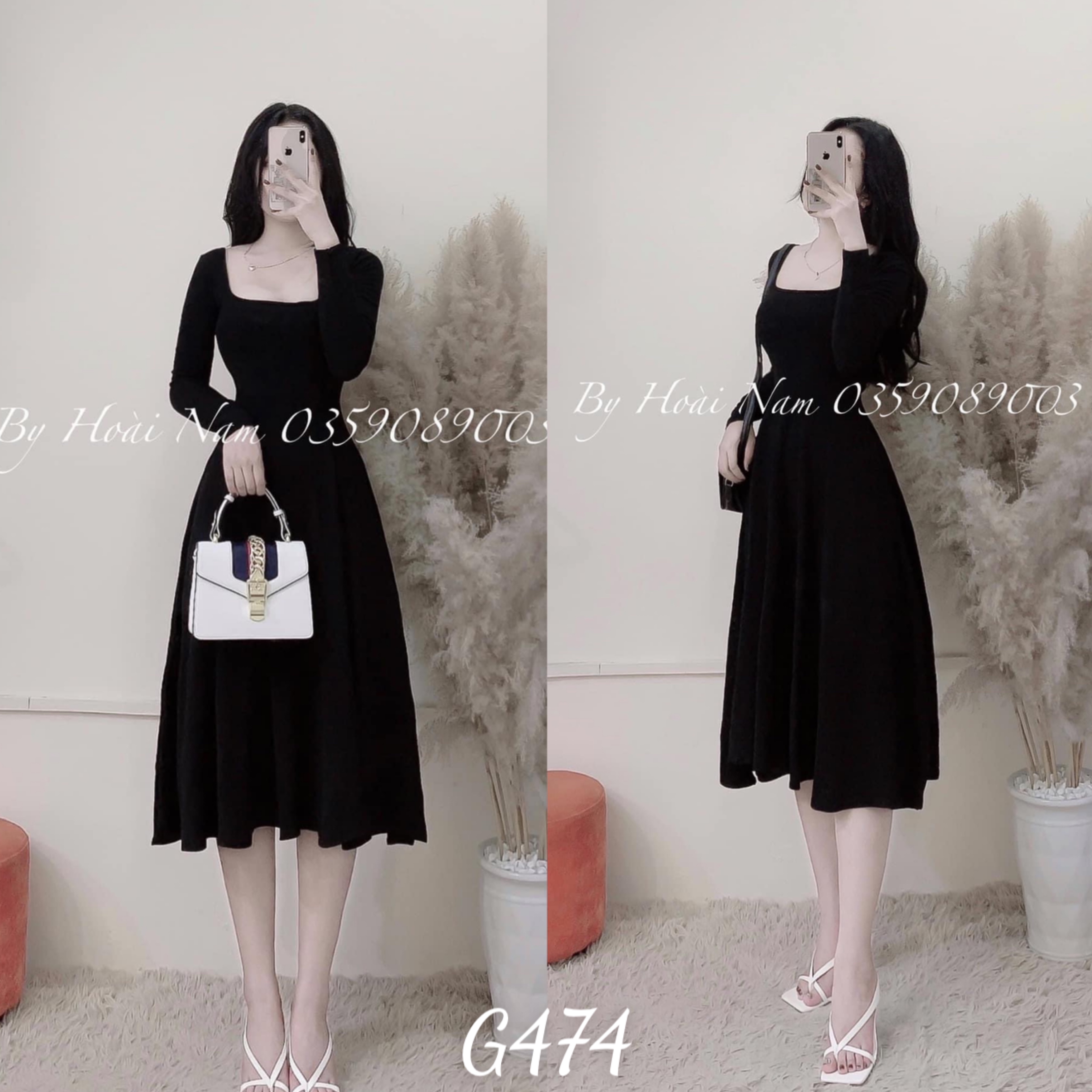 Đầm thun gân tay dài cổ u dáng xoè dự tiệc g477
