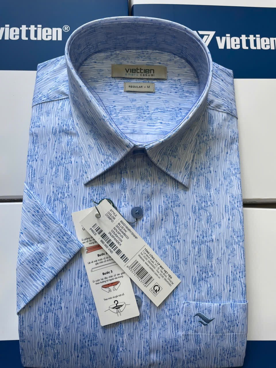 Áo sơ mi nam Việt Tiến vạt ngang tay ngắn 6S0216