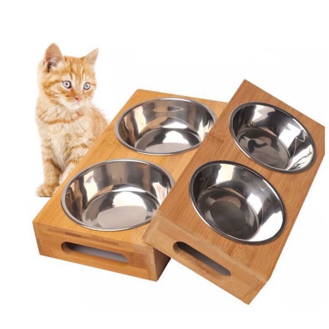 Khay ăn gỗ cao cấp cho chó mèo 2 chén rời inox
