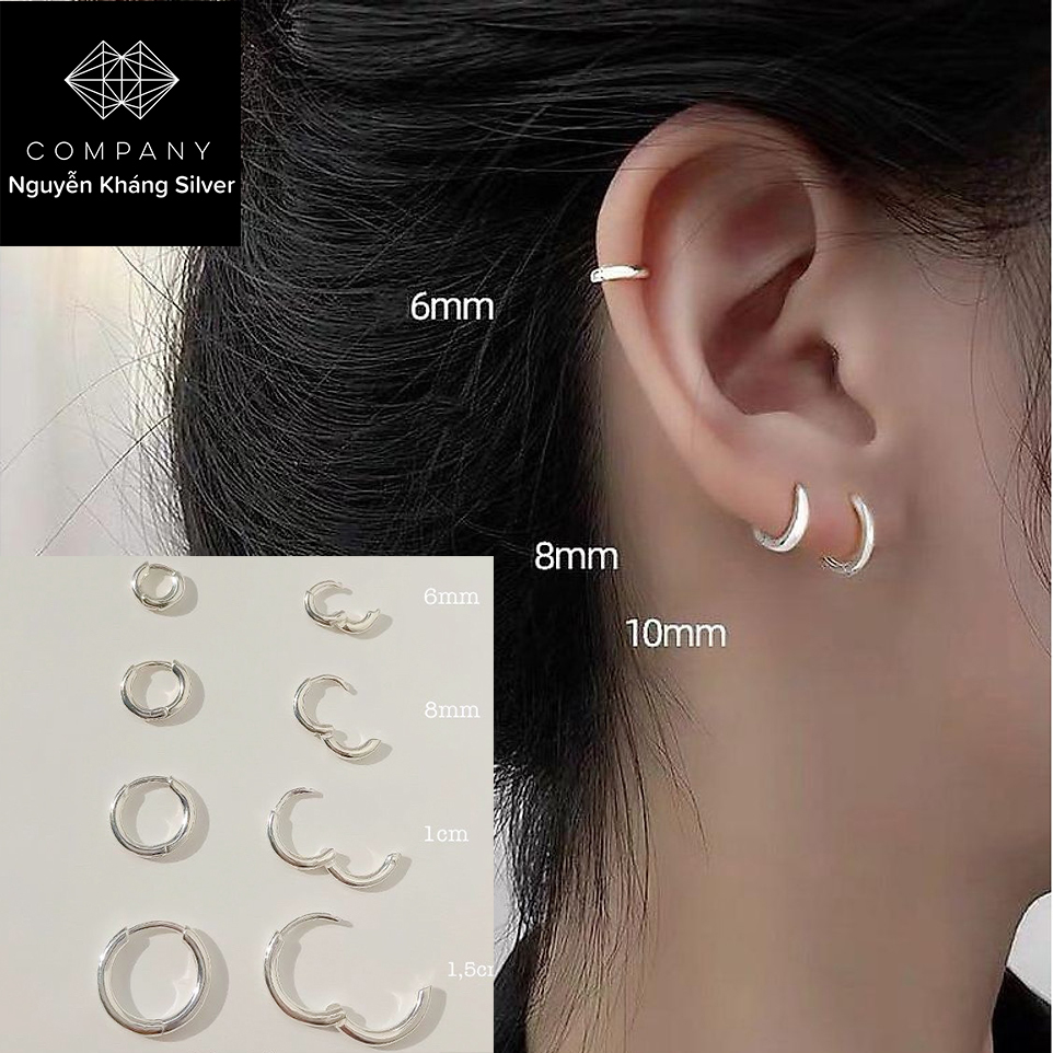 6mm, 8mm, 10mm, 12mm, 14mm 1 chiếc khuyên tai bạc tròn trơn không gắn đá kiểu dáng basic, chốt bật, bạc 925, bạc ý