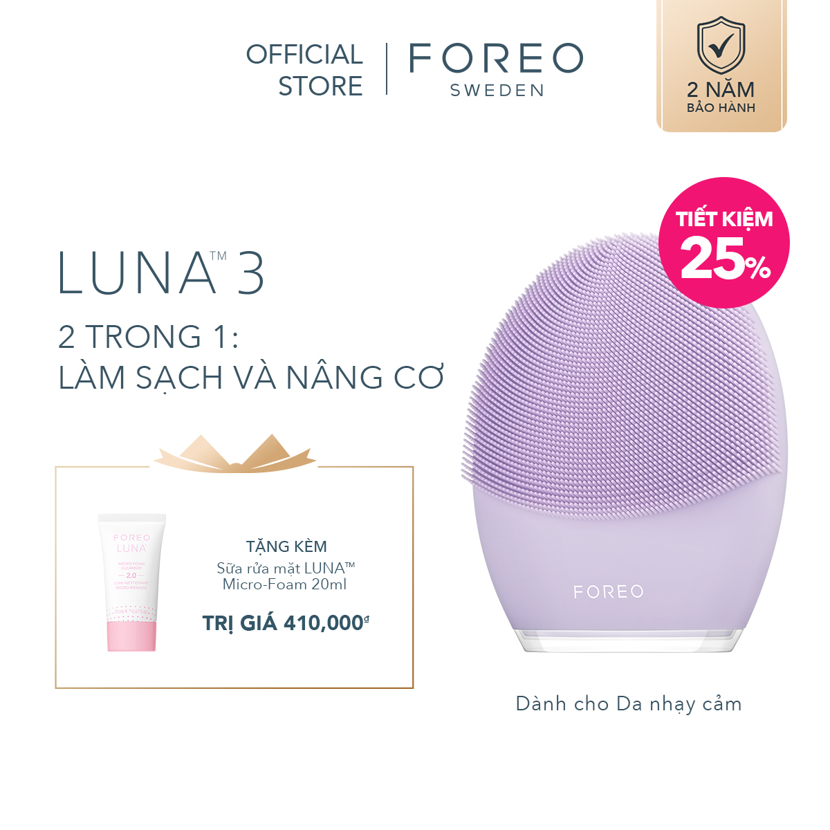 Máy rửa mặt FOREO LUNA 3 dành cho da nhạy cảm, có thể sạc, bảo hành 2 năm, theo dõi bằng APP - intl
