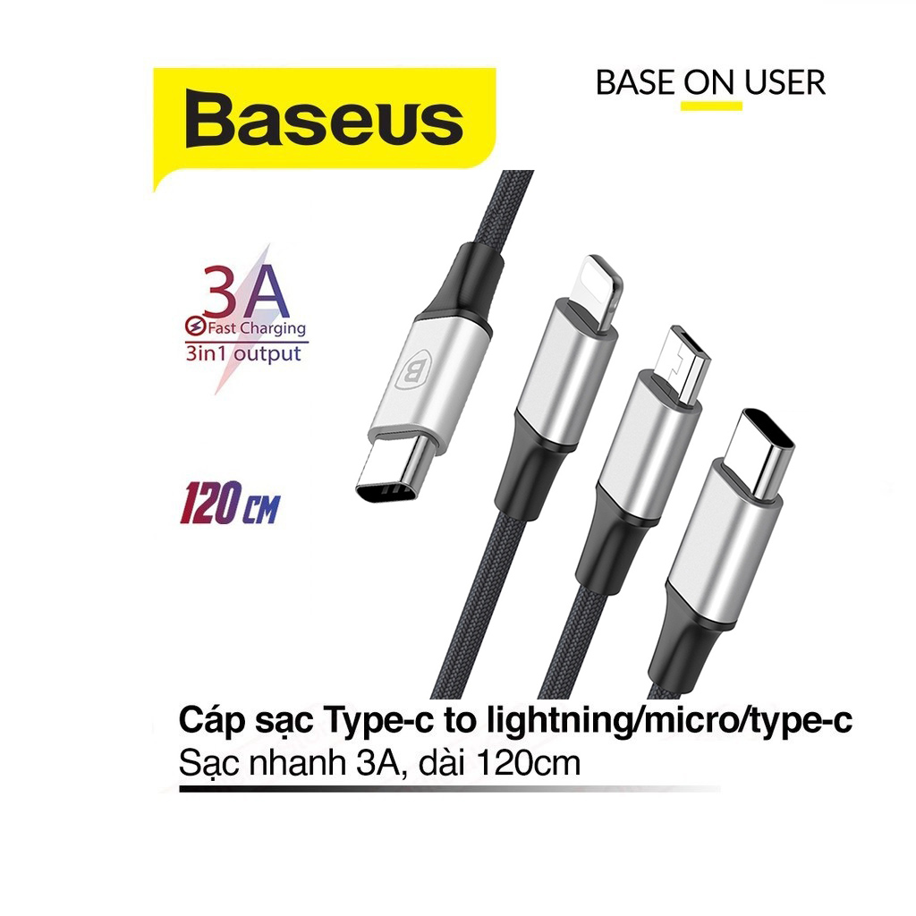 Cáp sạc 3a baseus rapid 3in1 type-c to lightning/micro/type-c dài 120cm cho smartphone