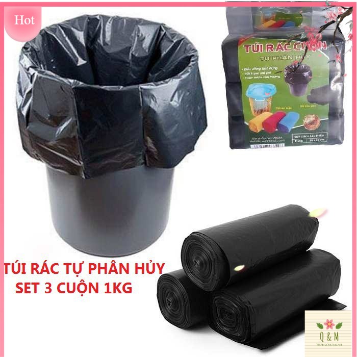 Sét 3 cuộn túi đựng rác đen kt 45*56cm. combo 3 cuộn túi đựng rác đen tự phân hủy, nặng 1kg