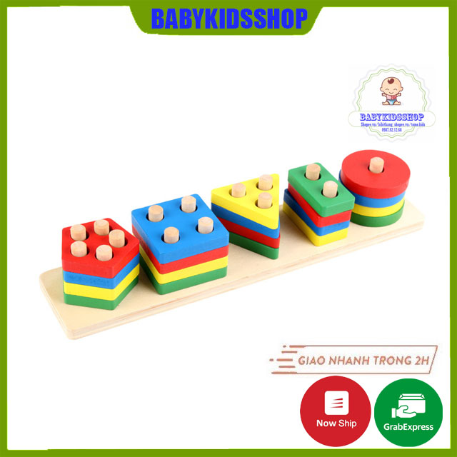 Đồ chơi thả hình khối gỗ 5 trụ thanh ngang - Giáo cụ Montessori
